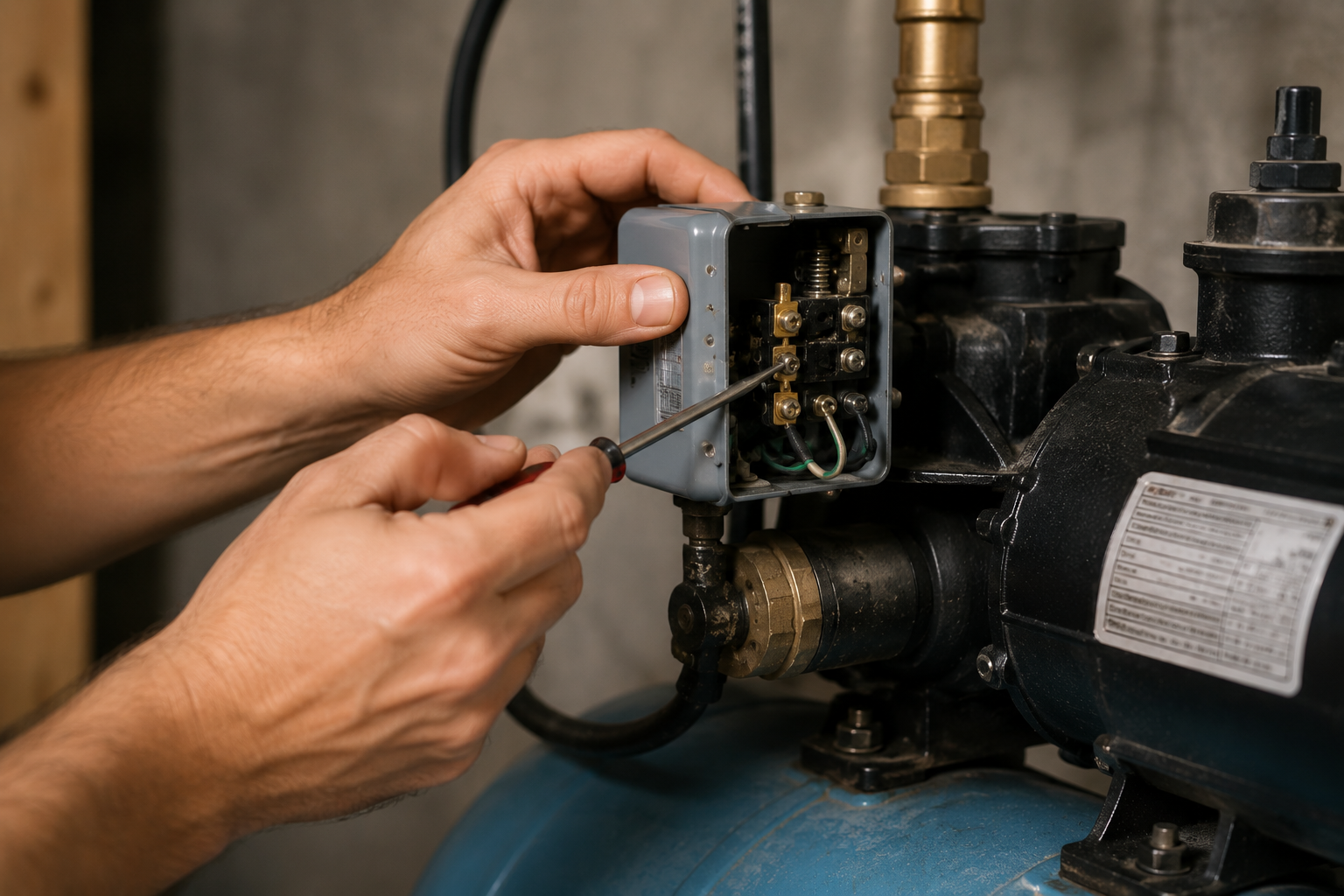 Technician adjusting pressure switch on a Massachusetts well pump system