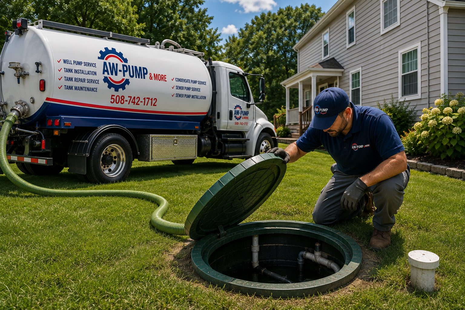 AW-Pump technician inspecting an open septic tank lid at a Massachusetts home