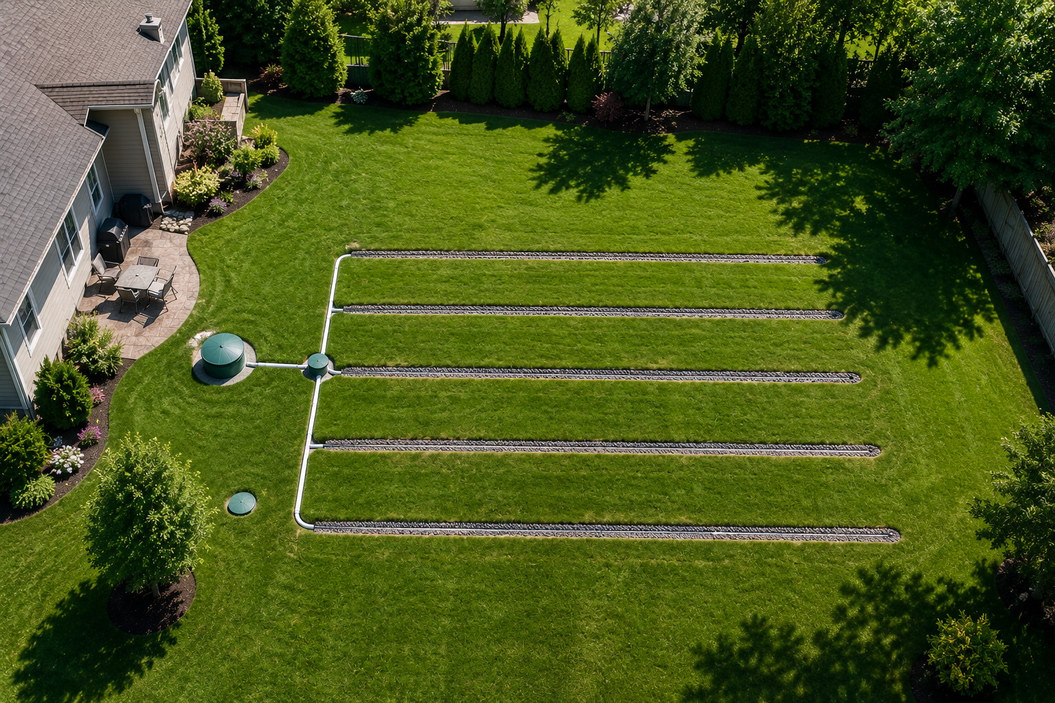 Aerial view of a residential septic drain field in a Massachusetts backyard